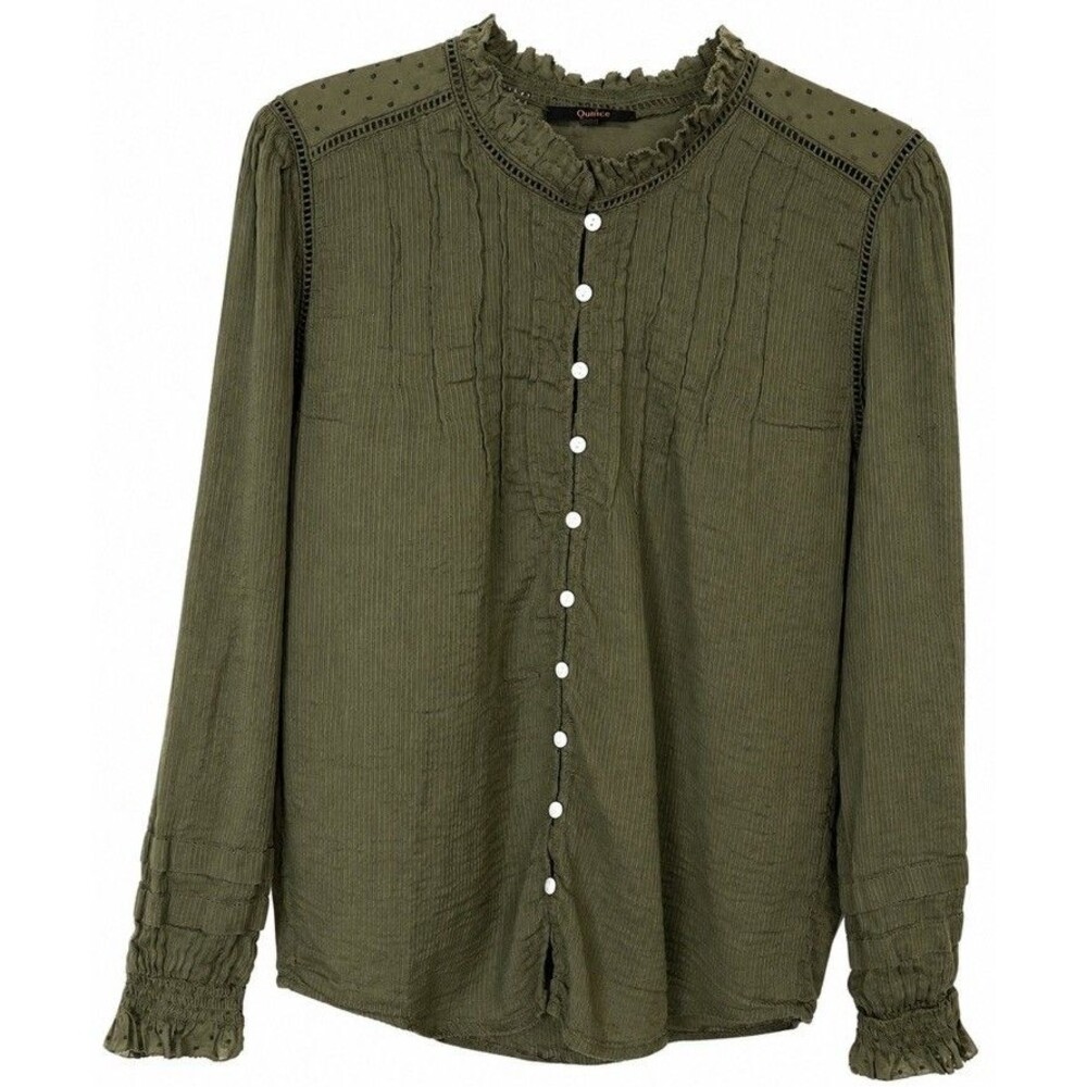 $158 QUINCE Organic Cotton Peasant Blouse Green Ruffle Pintuck Button Boho Sz. M